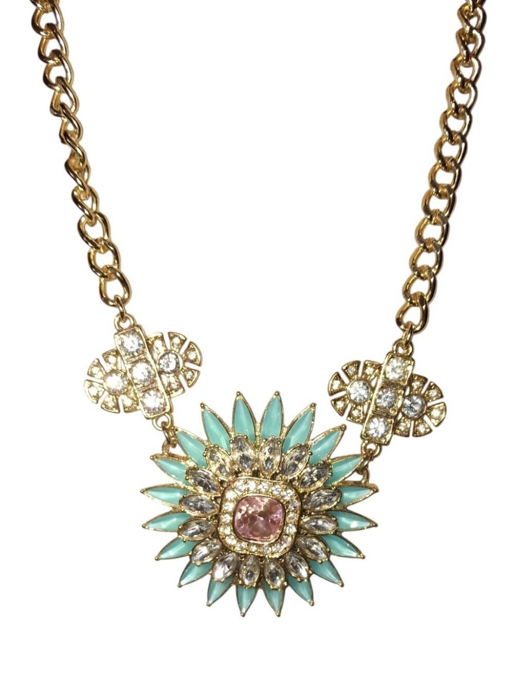 Gold-Tone Turquoise & Pink Floral Crystal Necklace Zara Statement Bib